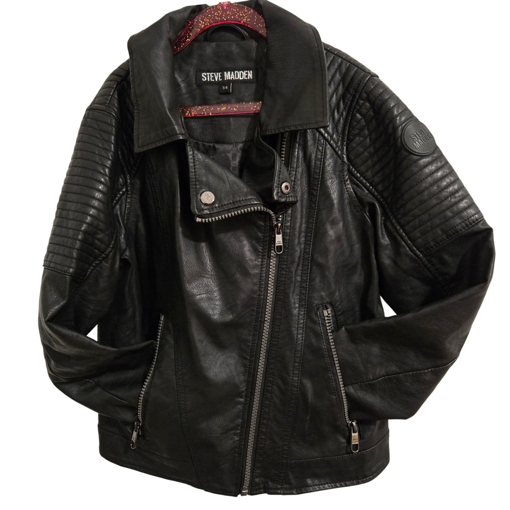 Steve Madden Moto Jacket Kids Black Faux Leather Full‎ Zip Biker Girl 7/8